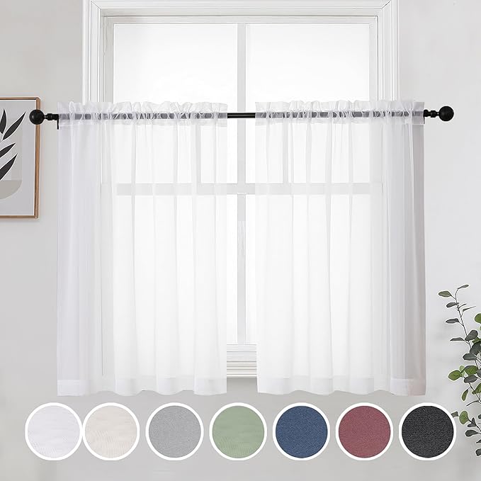 OWENIE Short Sheer Curtains 30 Inches 2 Panels Set, Kitchen Curtains Tiers Light Filtering Rod Pocket Cafe Curtain for Bathroom Small Half Window, 42 in W x 30 in L, White