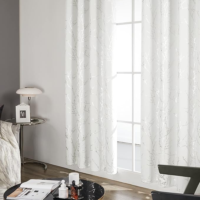 Deconovo Room Darkening Curtains, White Curtain, Thermal Insulated & Noise Reducing Drapes, Silver Branch Pattern, 52 x 95 Inch Long, Grommet Panels for Bedroom Living Room Office Nursery, Set of 2