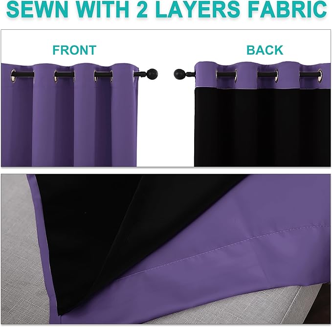 NICETOWN 100% Blackout Curtains with Black Liners, Thermal Insulated Full Blackout 2-Layer Lined Drapes, Energy Efficiency Window Draperies for Bedroom (Lilac Purple, 2 Panels, 52-inch W by 63-inch L)