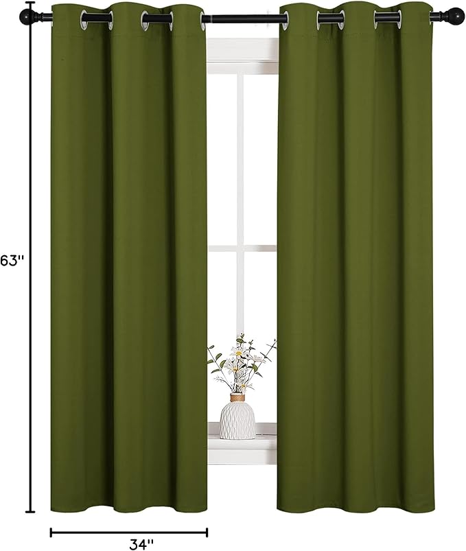 NICETOWN Kitchen Curtain Panels Blackout Draperies, Thermal Insulated Solid Grommet Blackout Curtains/Drapes for Christmas Window Decoration (1 Pair, 34 by 63 inches, Olive Green)