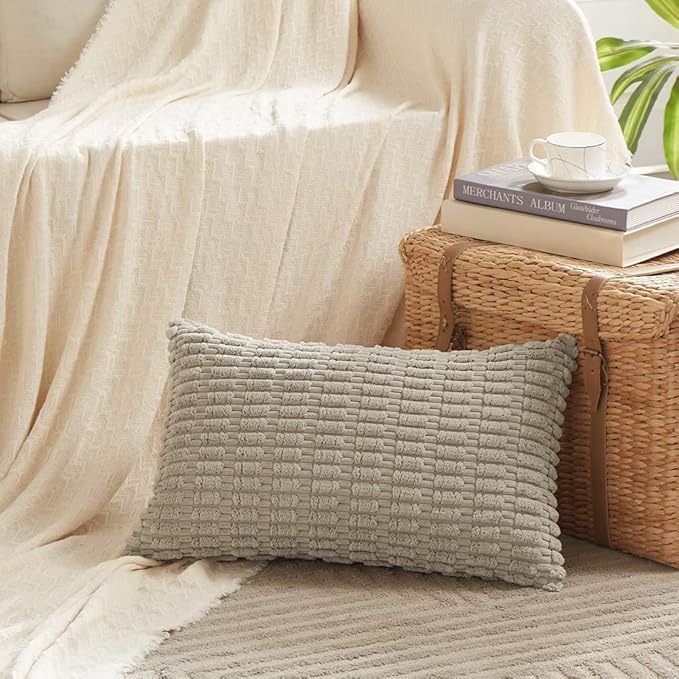 Fancy Homi 4 Packs Neutral Boho Long Lumbar Decorative Throw Pillow Covers 20x28 Inch for Couch Sofa, Rustic Farmhouse Boho Neutral Home Decor, Soft Plush Striped Corduroy Square Cushion Case 50x70 cm