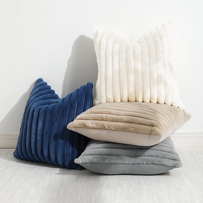 decorUhome Cozy Faux Fur Throw Pillow Covers 18x18 Set of 2 Decorative Soft Plush Striped Modern Farmhouse Boho Couch Pillow Cases with Velvet Back for Sofa Bed Living Room, Grey