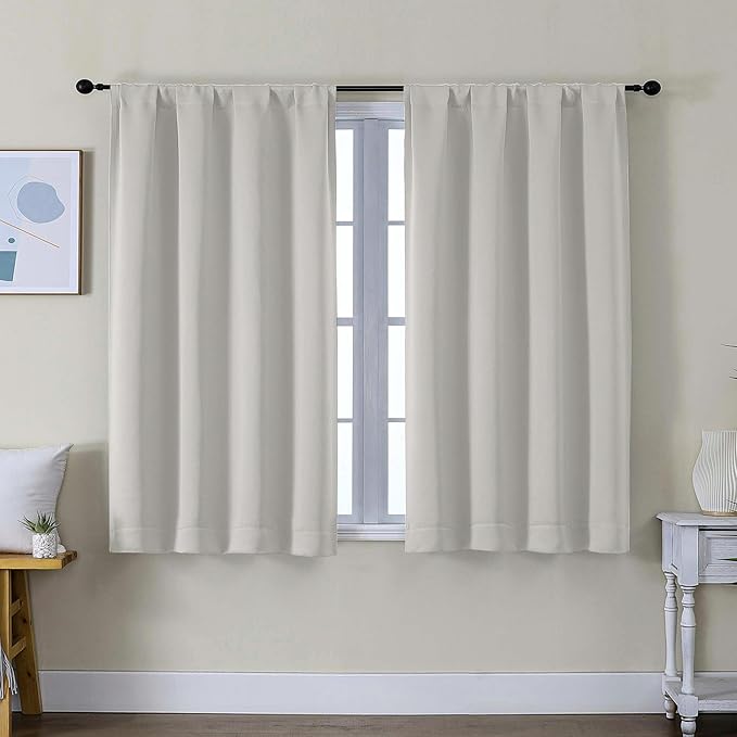 Simplebrand Ava Natural Short Blackout Curtains for Bedroom 45 Inches Long 2 Panels Set, Solid Thermal Insulated, Energy Saving Window Treatment Curtains Blackout Drapes, W40 x L45 Inch, Natural