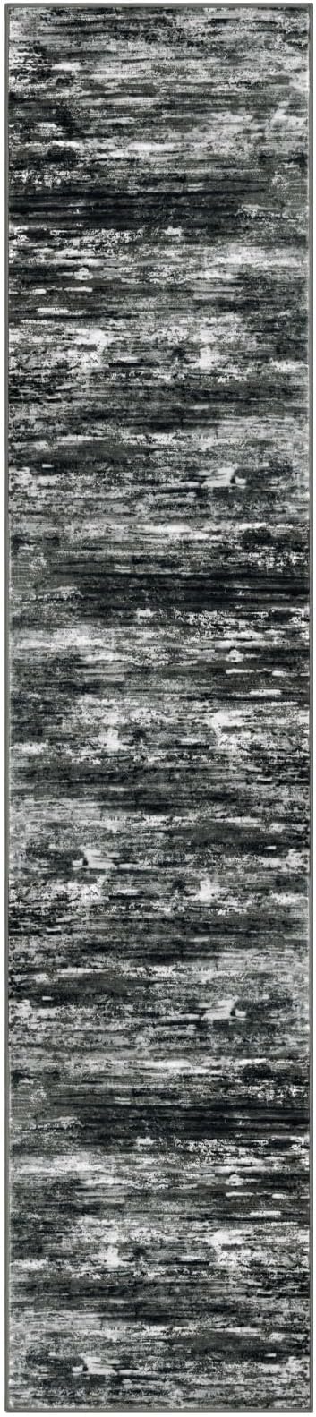 KOZYFLY Modern Abstract Washable Rug Runner 2.6x12 Hallway Rug Runner Non-Slip Soft Kitchen Runner Rugs, Black Grey Striped Carpet for Entryway Bathroom Laundry Room Foyer