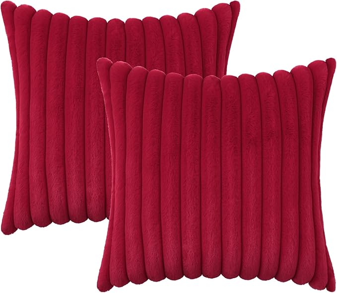 decorUhome Cozy Faux Fur Throw Pillow Covers 26x26 Set of 2 Decorative Soft Plush Striped Modern Farmhouse Boho Couch Euro Sham Pillow Cases with Velvet Back for Sofa Bed Living Room, Red