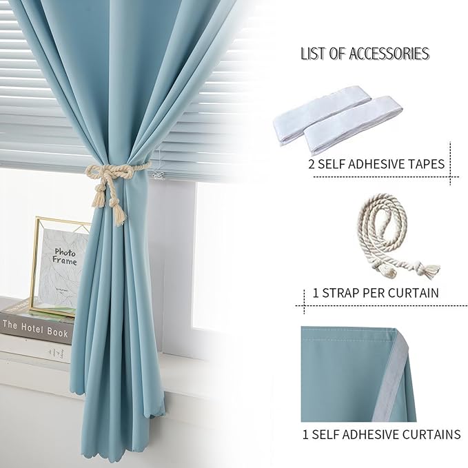 Self Adhesive Curtains, Black Out Shade for Window, Blackout Fabric Temporary Window Coverings Easy to Hang Curtains No Rod Needed, Use for Bedroom, Room, Kitchen, 47"W X 71"L, Lake Blue, 1 Panel
