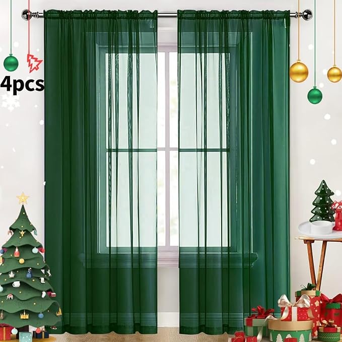 SpaceDresser Foliage Green Sheer Curtains 4 Panels Rod Pocket Semi-Sheer Curtain 90 Inches Long Light Filtering Voile Window Drapes for Bedroom Living Room Kitchen, Each 52W x 90L