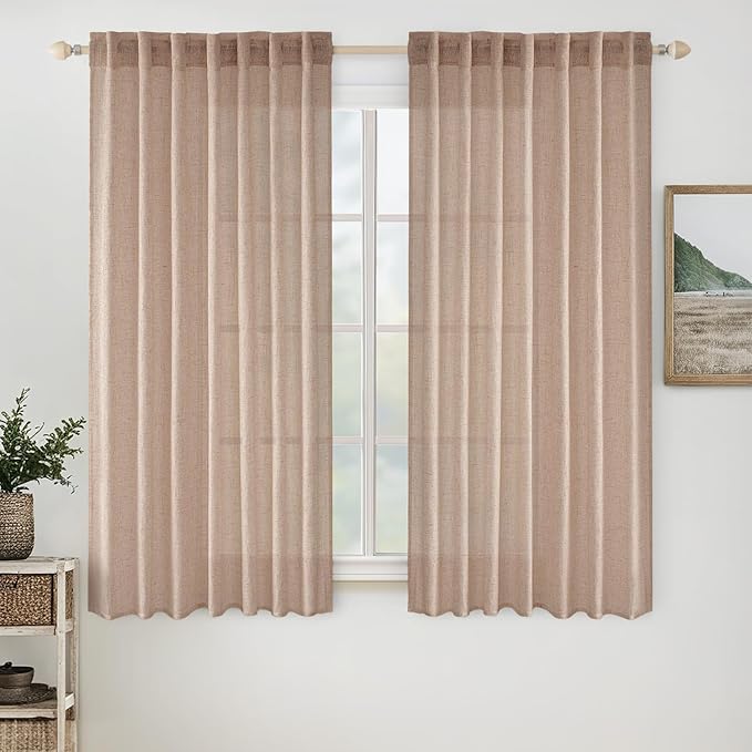 MIULEE Natural Beige Linen Curtains 45 Inch Length 2 Panels for Bedroom Living Room, Soft Linen Textured Window Drapes Semi Sheer Light Filtering Back Tab Rod Pocket Farmhouse Burlap Look Decor