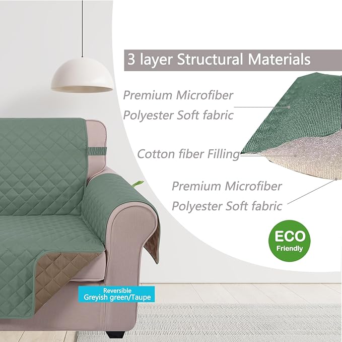 U-NICE HOME Large Sofa Cover Reversible Couch Cover for Dogs with Elastic Straps Water Resistant Furniture Protector for Pets Couch Cover for 4 Cushion Couch (Oversized Sofa, Greyish Green/Taupe)