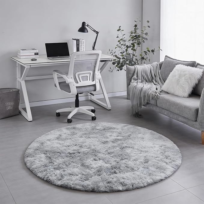 Amdrebio Tie-Dye Light Grey Round Circle Area Rugs 5Ft for Living Room Bedroom, Soft Fluffy Fuzzy Shag Rug for Kids Room Home Office, Furry Plush Indoor Floor Shaggy Gray Carpet for Baby Nursery Dorm