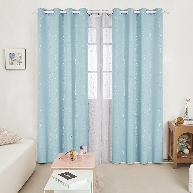Deconovo Blackout Curtains, Thermal Insulated Soundproof Grommet Drapes, Wave Dot Foil Print, 52 x 95 Inch, Set of 2, Machine Washable Window Panel for Bedroom Living Room Nursery Kitchen, Light Blue