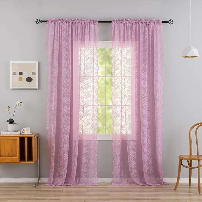 YJ YANJUN Vintage Lace Curtains 84 Inches Long-Victorian Floral Pattern Lalic Sheer Curtain Panels for Living Room Bedroom,Light Filtering, Cute Girls Drapes 2 Panels 52W x 84L Purple Blush