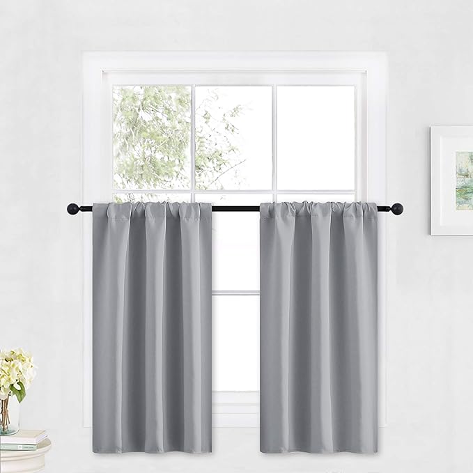 RYB HOME Blackout Cafe Curtains 30 inch Length, Short Light UV Heat Blocking Energy Saving Privacy Curtain Tiers for Basement Bathroom Kitchen Window, Width 29 by Length 30, Silver Grey, 2 Panels