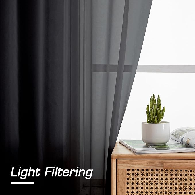 Aiyufeng 108 Inch Black Sheer Window Curtains for Farmhouse, Rod Pocket Voile Window Treatment Vertical Panels for Study Room/Bedroom/Living Room, Black, W59 x L108, 2 Panels