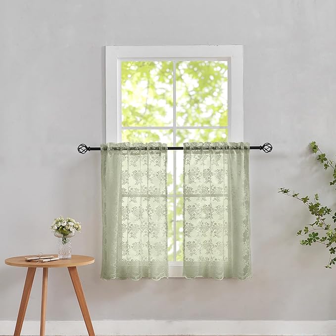 YJ YANJUN Vintage Lace Curtains 30 Inch Length-Victorian Floral Pattern Boho Sage Green Kitchen Window Curtains Over Sink Set of 2 Camper Window Privacy DrapesThat Let Light in Spring