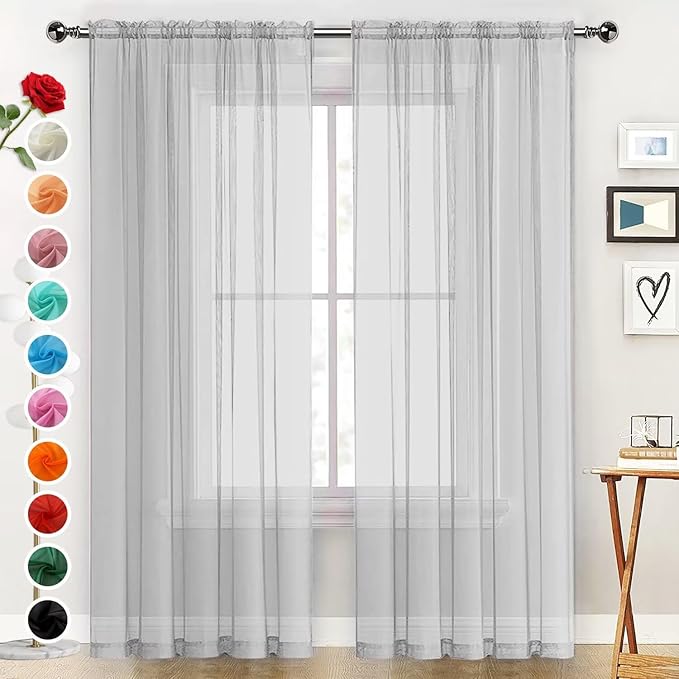 SpaceDresser Basic Rod Pocket Sheer Voile Window Curtain Panels Silver Grey 1 Pair 2 Panels 52 Width 54 Inch Long for Kitchen Bedroom Children Living Room Yard（Silver Grey, 52W x 54L）