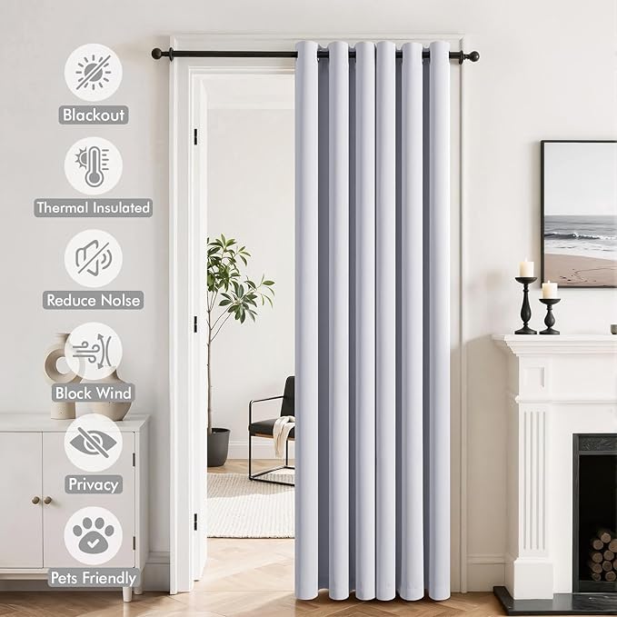 MIULEE Blackout Door Curtain Set of 2, 34 x 80 Inch Greyish White Thermal Insulated Room Divider Drapes with Grommet Top for Privacy Cover, Living Room, Bedroom, Closet & Temporary Doorway