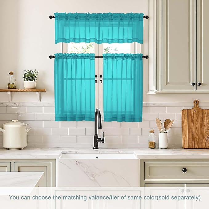 Turquoise Small Sheer Curtains 2 Panels Set, Kitchen Curtains 36 Inch Length, Elegant Light Filtering Short Window Drapes for Living Room Bedroom, Dual Rod Pocket Design, 2x42Wx36L Inches