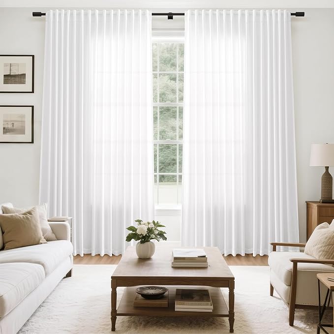 Nanspring Extra Wide Linen Curtains for Living Room 108 Inch Length for Room Divider White Rustic Farmhouse Drape Rod Pocket Back Tab Light Filtering Bedroom Window Curtain for Sliding Door 100x108