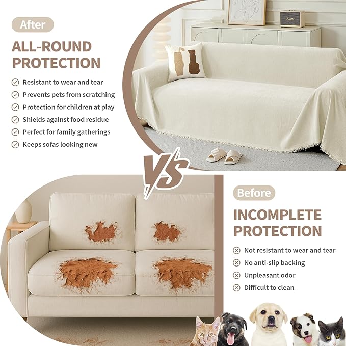 Couch Cover for Dogs, Boho Sofa Covers for 3 Cushion Couch, Chenille Sofa Slipcover for Pets Washable, L-Shape Sectional Couch Loveseat Cover Soft Throw Blankets with Tassels(71x134,Cream)