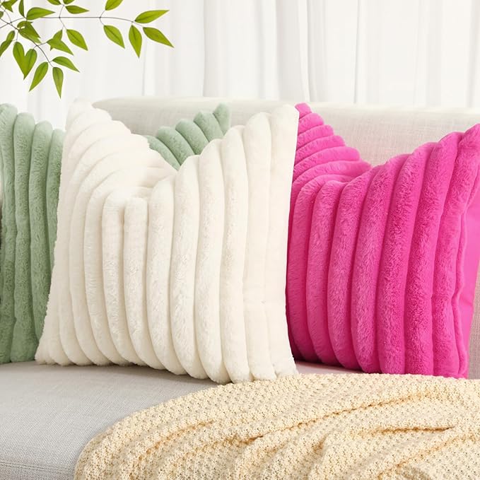 decorUhome Summer Cozy Faux Fur Throw Pillow Covers 22x22 Set of 2 Decorative Soft Plush Striped Modern Farmhouse Boho Couch Euro Sham Pillow Cases with Velvet Back for Sofa Bed Living Room, Hot Pink
