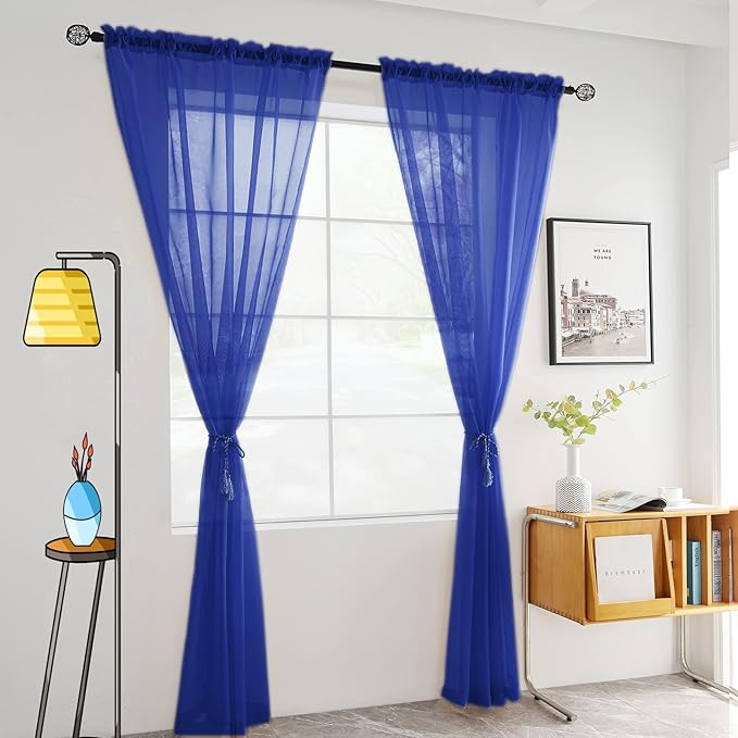 SpaceDresser Sheer Voile Window Treatment Rod Pocket Curtain Panels for Kitchen Bedroom Living Room Drapes Sunlight Filtering Privacy Semi Home Decor Assorted Colors Sizes (Sapphire, 52 W x 96 L)