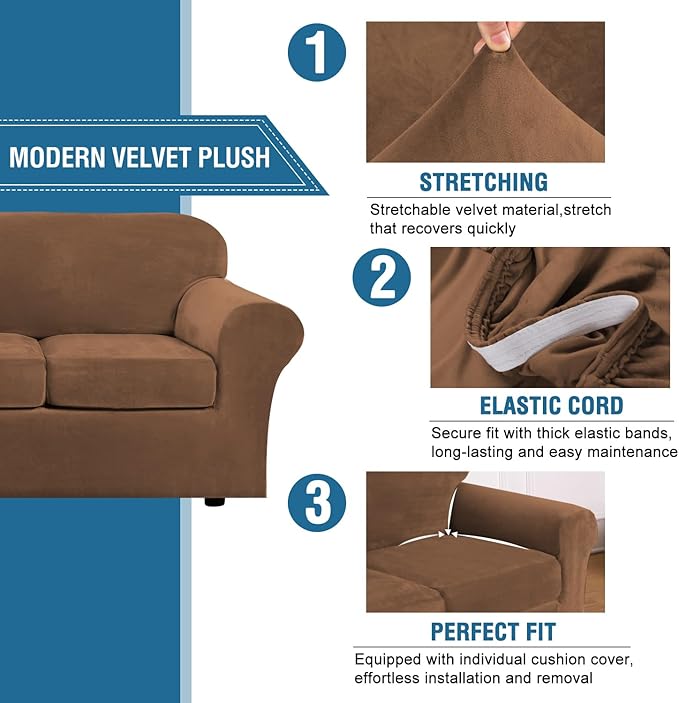 H.VERSAILTEX Rich Velvet Stretch 2 Piece Cover Chair Slipcover Sofa Cover Furniture Protector Couch Soft with Elastic Bottom Chair Couch Cover with Arms Width Up to 49 Inch(Chair, Caramel)