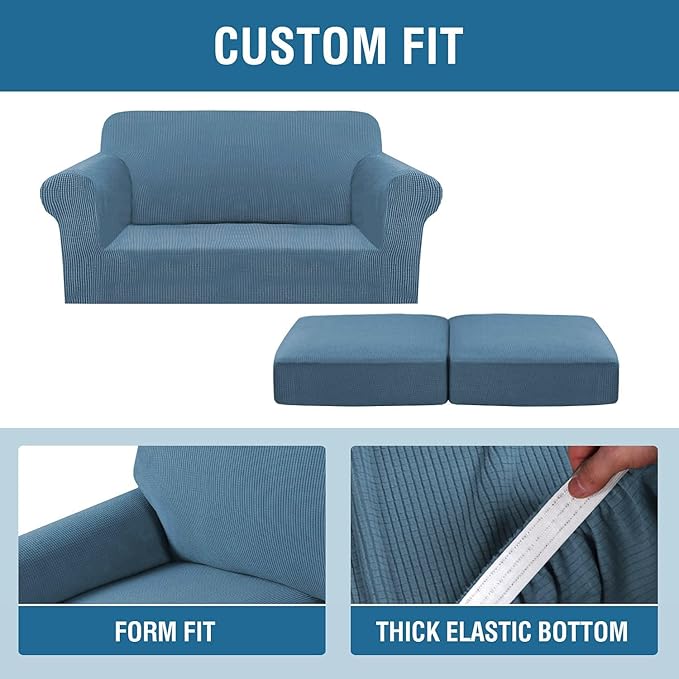 H.VERSAILTEX 3 Piece Stretch Sofa Covers for 2 Cushion Loveseat Couch Covers for Living Room Sofa Slipcovers (Base Cover Plus 2 Seat Cushion Covers) Thicker Jacquard Fabric(Medium Sofa, Dusty Blue)