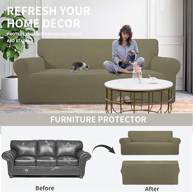 Easy-Going Stretch 4 Seater Sofa Slipcover 1-Piece Sofa Cover Furniture Protector Couch Soft with Elastic Bottom for Kids, Polyester Spandex Jacquard Fabric Small Checks Khaki