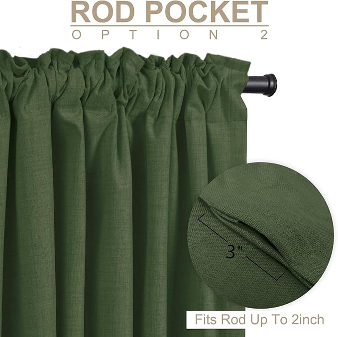100% Blackout Shield Linen Blackout Curtains for Bedroom 90 Inches Long, Back Tab/Rod Pocket Living Room Drapes, Thermal Insulated Blackout Curtains 2 Panels Set, 50" W x 90" L, Moss Green