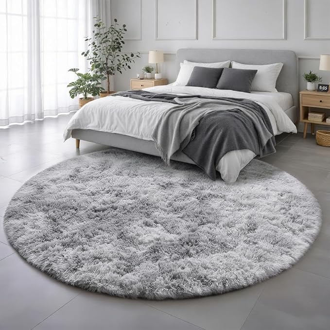 Amdrebio Tie-Dyed Light Grey Round Rugs for Living Room, 8x8 Rug, Extra Large Circle Area Rug for Bedroom, Soft Fluffy Carpet, Modern Floor Circular Rug, Big Shaggy Farmhouse Rug for Apartment