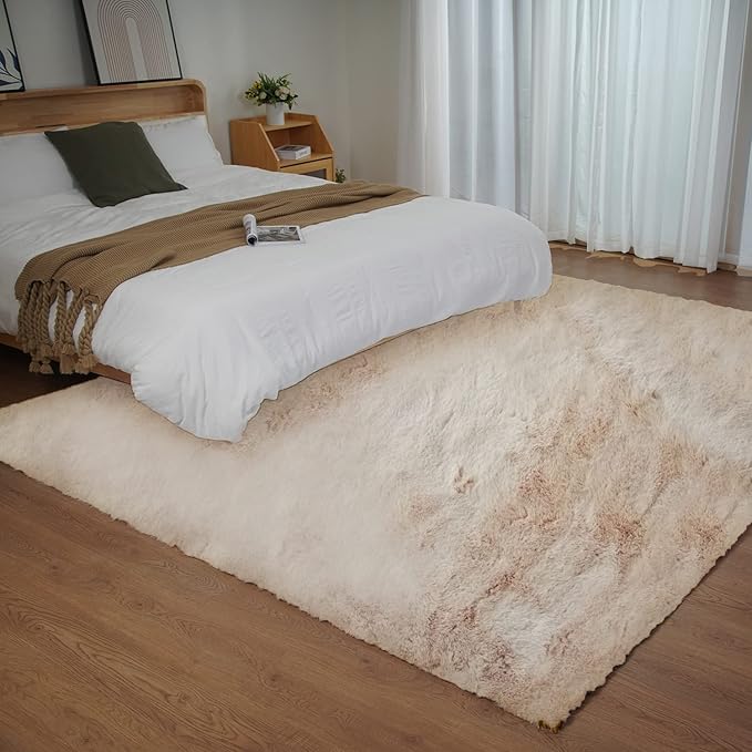 Ghouse Ultra Soft Faux Rabbit Fur Rug 4x6, Machine Washable Area Rugs for Bedroom Fluffy Rugs for Living Room, No-Shedding Carpet Sheepskin Rug Light Brown Beige
