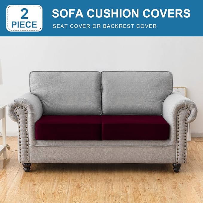 Couch Cover Stretch Velvet Sofa Cushion Cover 2-Piece - Elastic Washable Slipcover for Seat or Backrest, Couch Seat Covers for Sofas (Wine)