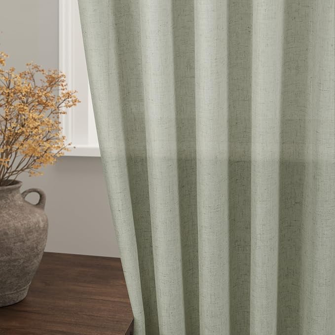 Sage Green Curtains 96 inches Long 2 panels for Living Room Back Tab Rod Pocket Semi Sheer Linen Draperies Muted Neutral Room Decor Earth Tone Pale Green Curtains 96 inch Length for Diningroom