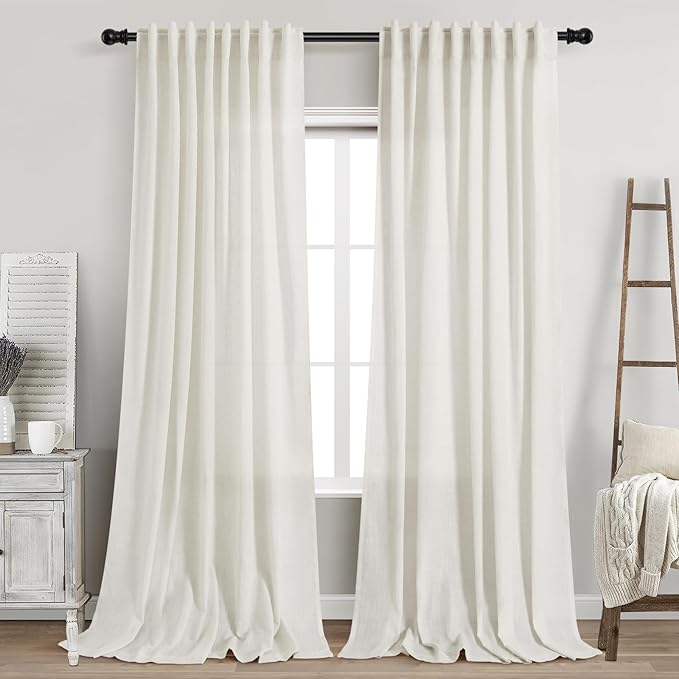 Linen Light Filtering Curtains 96 Inches Long 2 Panels Long Cream Semi Sheer Linen Blended Window Curtains Back Tab Rod Pocket Natural Cream Rustic Farmhouse Drapes for Living Room Bedroom 60x96