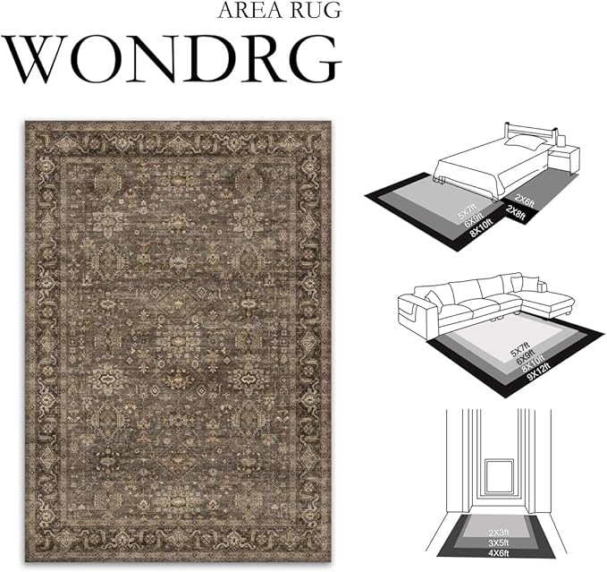 8x10 Washable Area Rug for Living Room Bedroom Vintage Brown Non Slip Carpet Traditional Retro Soft Low Pile Large Throw Rug for Dining Room Kitchen Office Indoor
