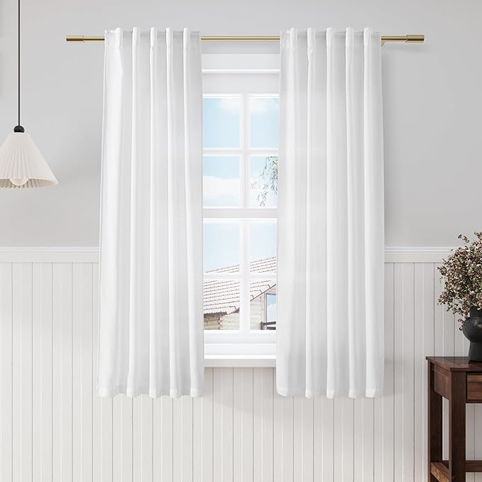 White Semi Sheer Linen Curtains 63 Inch Length Living Room Back Tab Rod Pocket Narrow Mini Skinny Door Decor Cotton Textured Gauze Sheer White Curtains for Kitchen Basement Bathroom