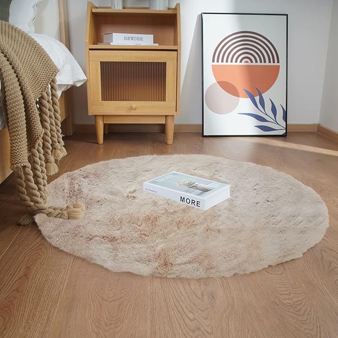Ghouse Faux Rabbit Fur Round Rug 3ft Light Brown Beige Round Rugs for Bedroom Decor Fluffy Area Rugs for Living Room, no-Shedding Carpet Sheepskin Washable Rug Rome Decor