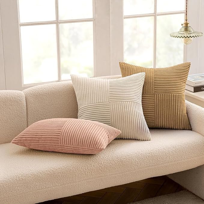 MIULEE Brown Decorative Throw Pillow Covers 20x20 Inch for Couch Bed Sofa Pack of 2 Boho Farmhouse Throw Pillows Soft Cross Corduroy Patchwork Textured Cushion Cases