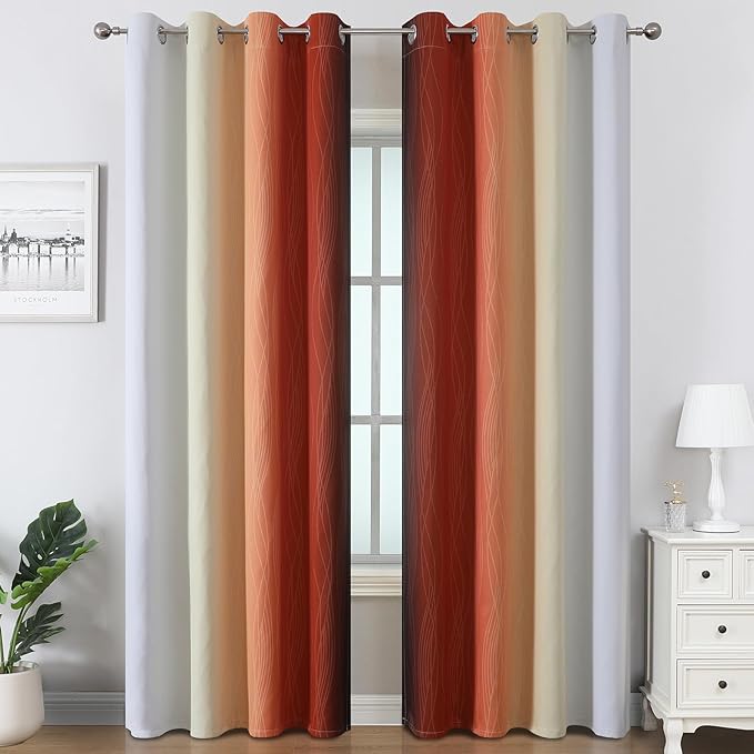 Estelar Textiler Burnt Orange and Greyish White Ombre Blackout Curtains & Drapes for Living Room, Thermal Insulated Grommet Energy Saving Window Gradient Curtains for Bedroom, 52Wx108L, 2 Panels