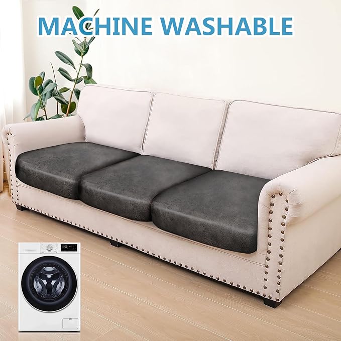 Leather Look Couch Cushion Covers Sofa Seat Slipcovers Sets Couches Furniture Protector for Sectional Armchair Loveseat Pets Kids Stretch Spandex Fabric (3 Cushion Sofa, Taupe)