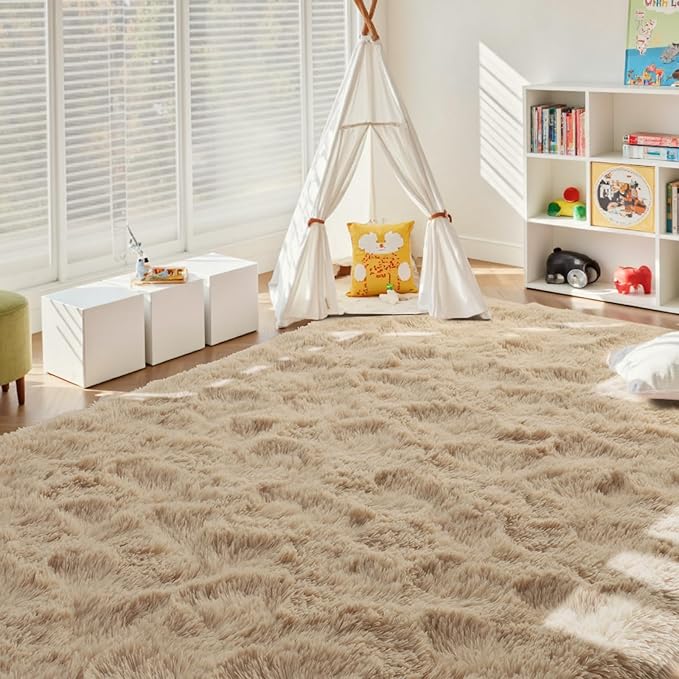 8x10 Ft Extra Large Shag Beige Rugs for Living Room Bedroom, Ultra Soft Fluffy Furry Area Rugs for Playroom Indoor Floor, Aesthetic Carpet for Kids Home Decor