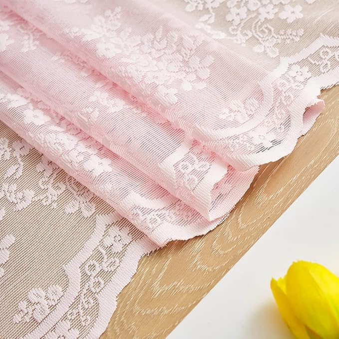 YJ YANJUN Vintage Lace Curtains 63 Inches Length- Cute Sheer Pink Curtains for Girls Bedroom Light Pink Floral Short Window Drapes Princess Girls Room Coquette Decor 2 Panels 52 x63 Inch