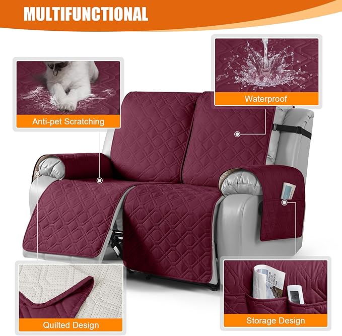 VANSOFY Waterproof Recliner Couch Covers, Sofa Covers 1-Piece Washable Reclining Sofa Cover Non-Slip Furniture Protector with Elastic Straps Pocket for Dogs, Pets(Burgundy,2 Seater)
