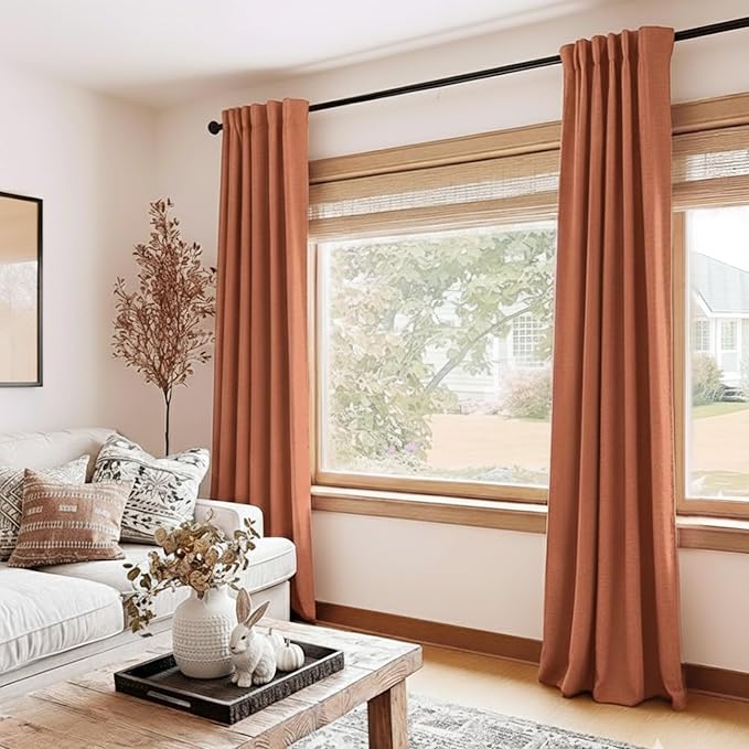 100% Blackout Shield Linen Blackout Curtains for Bedroom 90 Inches Long, Back Tab/Rod Pocket Living Room Drapes, Thermal Insulated Blackout Curtains 2 Panels Set, 50" W x 90" L, Burnt Orange