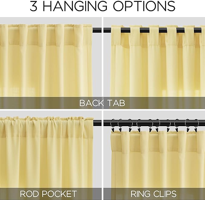 Yellow Linen Curtains 102 Inches Long for Living Room 2 Panel Set Back Tab Rod Pocket Semi Sheer Curtain Light Filtering Burlap Extra Long Drapes Neutral Farmhouse Decor for High Window 52x102