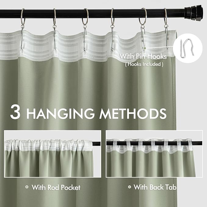 MIULEE Sage Green Back Tab Blackout Curtains 63 Inch Length 2 Panels Set for Living Room Bedroom Privacy, Rod Pocket/Pinch Pleat Thermal Insulated Room Darkening Pleated Light Blocking Drapes