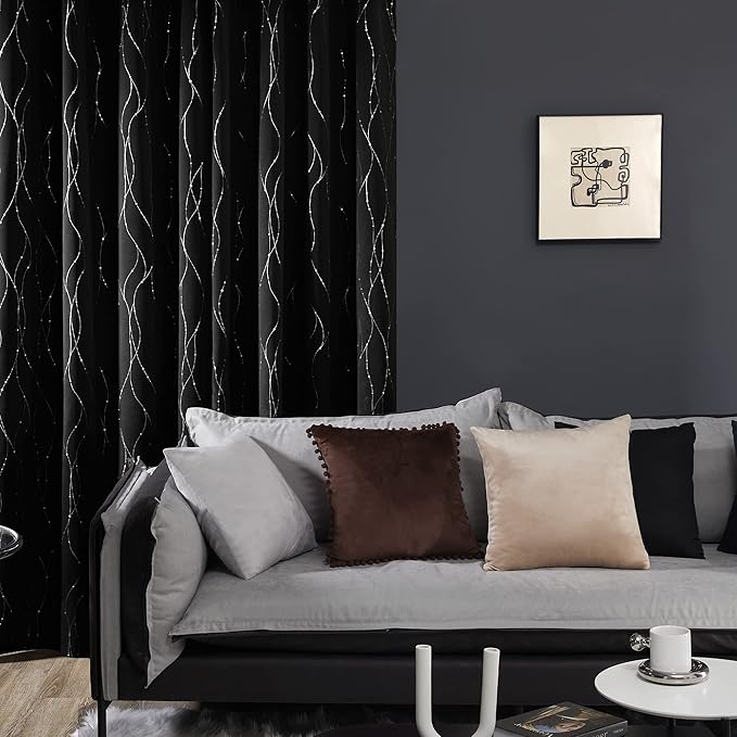 Deconovo Blackout Curtains 63 Inch Long 2 Panels Set, Black Drapes, Thermal Insulated Noise Reducting Privacy Curtain with Silver Print, Grommet Top, Machine Washable Window Panel for Bedroom Nursery