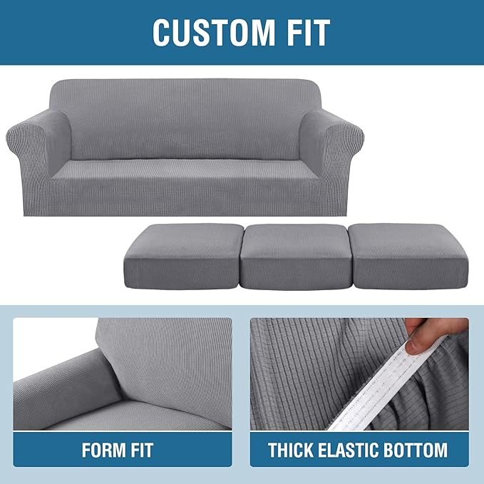 H.VERSAILTEX 4 Piece Stretch Sofa Covers for 3 Cushion Couch Covers for Living Room Furniture Slipcovers (Base Cover Plus 3 Seat Cushion Covers) Upgraded Thicker Jacquard Fabric (Sofa, Dove)