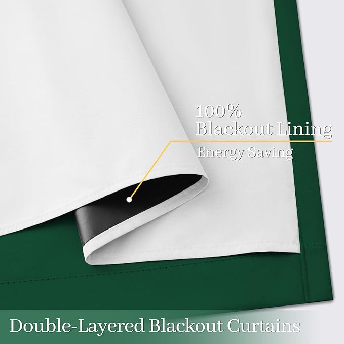 Yakamok 100% Blackout Curtain Panels 63 inches Cold and Light Blocking Drapes for Nursery, 2 Thick Layers Thermal Insulated Draperies (2 Pieces, 50 Wide Each Panel, Dark Green/White Backing)